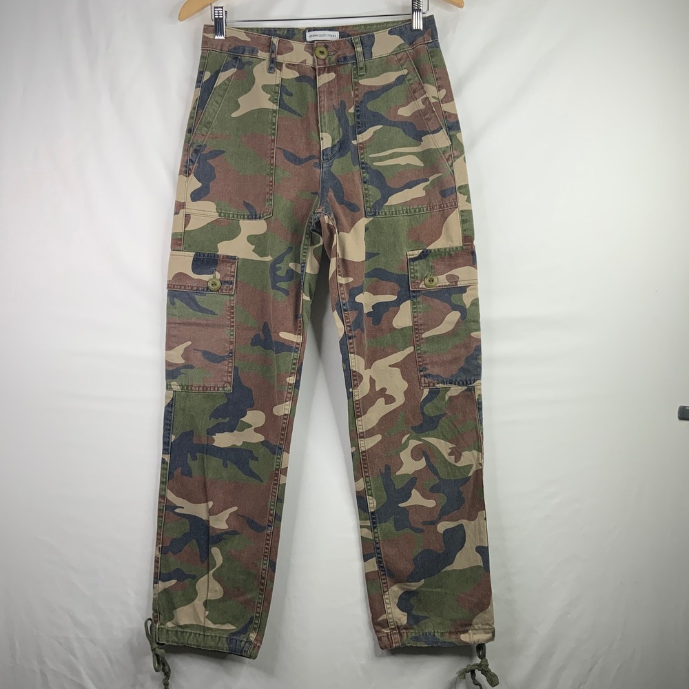 Urban Outfitters Camo Cargo Pants Womens 4 High Rise Straight Leg Drawstring Hem